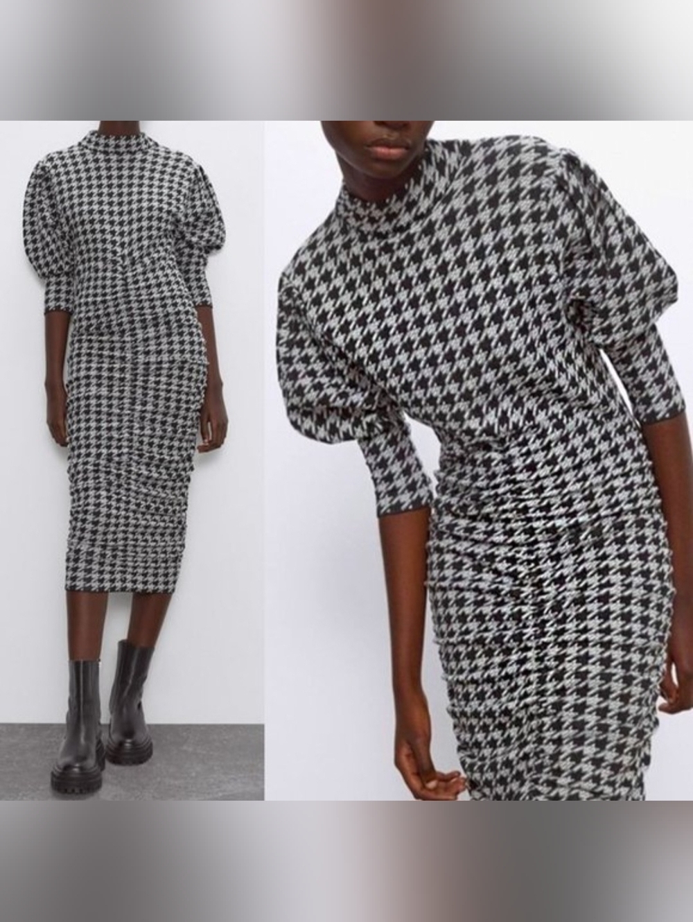 Zara Houndstooth Ruched Midi Dress Black White Fitted S Stretch